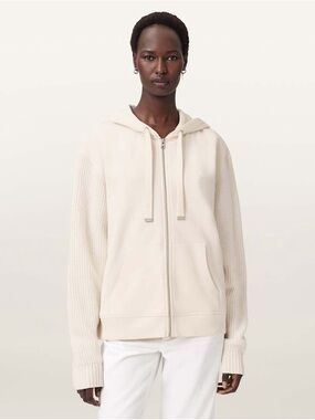 AllSaints Cream Zip Hoodie with Knit Drawstrings